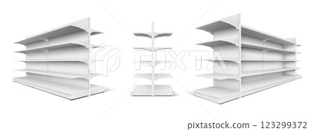 3D Realistic Supermarket Shelf Mockup with Five Shelves and Empty Space 123299372