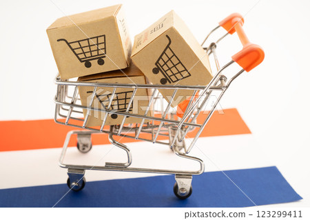 Box with shopping online cart logo and Netherlands flag, 123299411