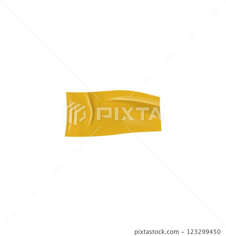Horizontal yellow sticky scotch tape, adhesive wrinkled piece, torn paper sticker, vector realistic torn glued duct tape 123299450