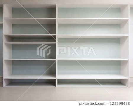 Empty white shelves in the white room, empty space for your design 123299488