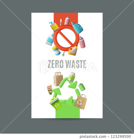 3D vector poster with green arrows, recycling sign and red sign, no plastic. 123299500