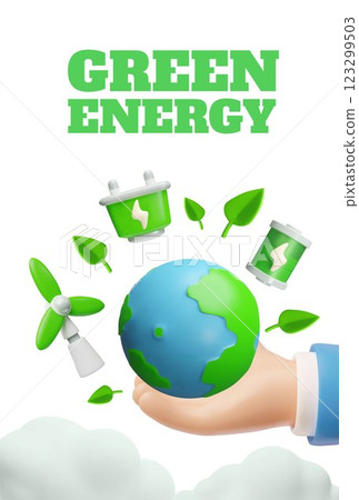 Planet earth in hand with Green energy symbols, alternative ecological power sources, environmental 3D vector poster 123299503