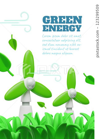 Green energy vector poster design, 3D cartoon wind turbine in nature, alternative ecological energy sources, environment 123299509