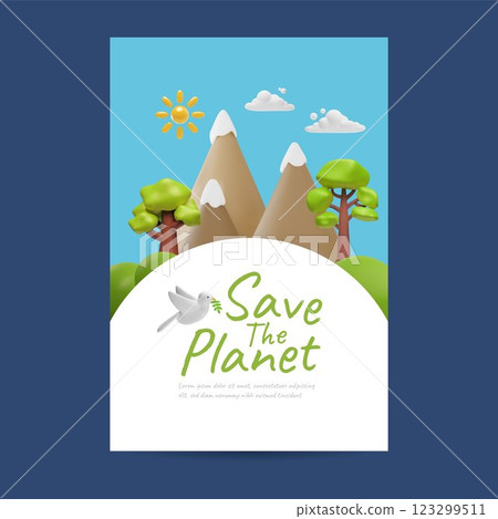 Save the planet 3D cartoon poster vector design, nature landscape with green trees, mountains and flying white dove bird 123299511