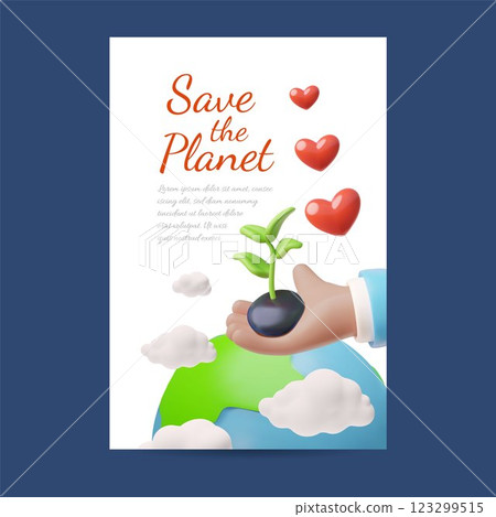 3D poster with the planet earth and a human hand holding a sprout with soil on the palm. 123299515