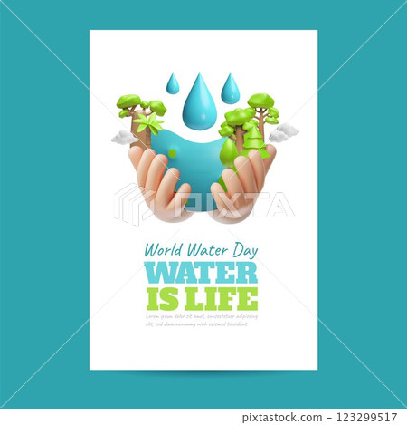 3D human hands holding a planet with trees and water drops. 123299517