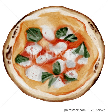 Deliciously crafted watercolor pizza featuring mozzarella and fresh basil on a white background 123299524