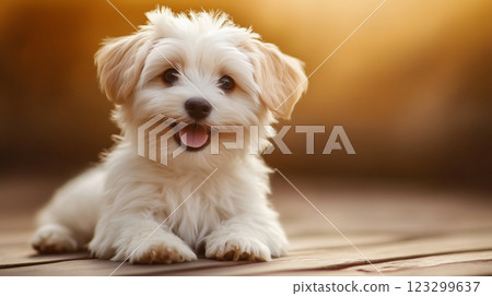 Happy Maltese puppy dog, joyful pet lying outdoors on a summer sunny day 123299637