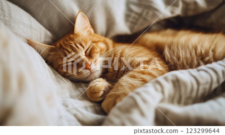 Domestic ginger young cat sleeping on the sofa at home 123299644