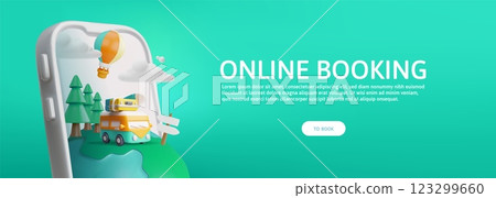 3d banner with mobile phone, bus with suitcase, earth, hot air balloon and clouds. 123299660