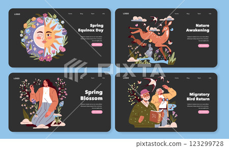 Spring Equinox Day celebrates the balance of light and dark, marking the start of spring. Nature awakens with blooming flowers, returning birds, and playful wildlife, symbolizing renewal and growth Spring Equinox Day celebrates the balance of light and dark, marking the start of spring. Nature awakens with blooming flowers, returning birds, and playful wildlife, symbolizing renewal and growth 123299728