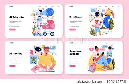 AI Co-Parent concept. This illustration presents innovative roles of AI in childcare, education, and emotional support. It showcases AI assisting in babysitting, tutoring, and providing care. Vector 123299738