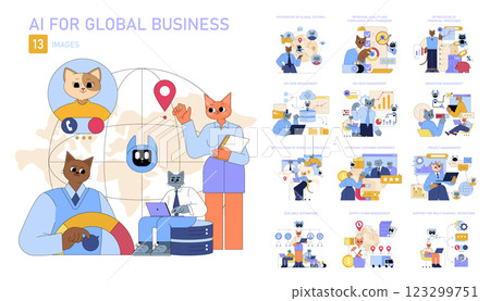 AI for global business strategies. Illustrates the integration of AI in diverse functions like data management, financial optimization, and customer experience enhancement. Captures a modern 123299751