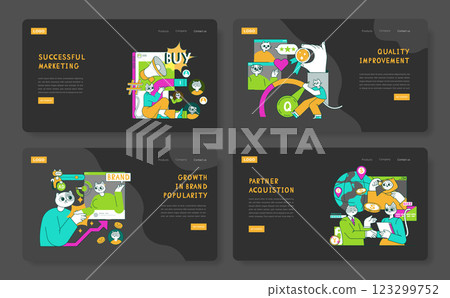 Business Cat concept. Engaging illustrations featuring cat characters in various marketing and business scenarios. Topics include successful marketing, brand growth, quality improvement, and partner 123299752