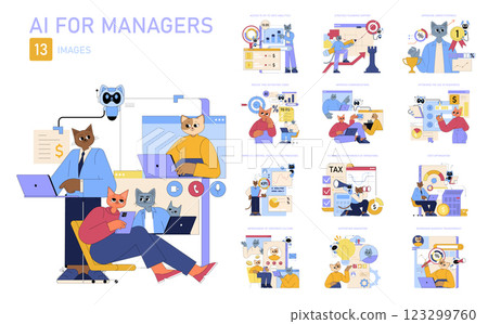 AI for Managers illustration. This collection highlights how artificial intelligence enhances management efficiency, improves decision-making, and streamlines communication among teams. Vector AI for Managers illustration. This collection highlights how artificial intelligence enhances management efficiency, improves decision-making, and streamlines communication among teams. Vector 123299760