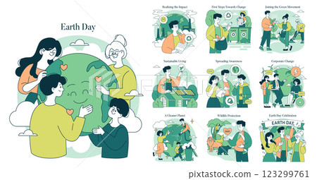 Earth Day illustration capturing collective actions for environmental preservation. Highlighting sustainable living, awareness, wildlife protection, and corporate responsibility for a better planet 123299761