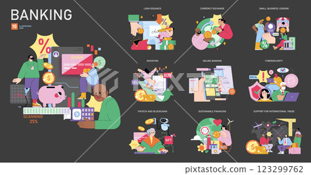 Essential aspects of modern banking services. Loan issuance, currency exchange, small business support, investing, online banking, blockchain technologies, cybersecurity, and sustainable finance 123299762