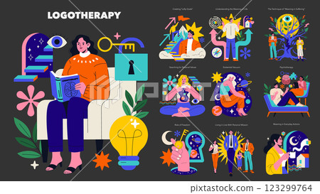 Logotherapy illustration. Explores the principles of logotherapy through vibrant visuals depicting self-discovery and meaning in life. Key concepts include personal values, aspirations, and life's 123299764