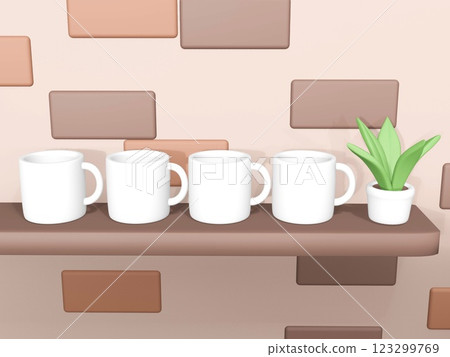 3D 渲染馬克杯和時尚的咖啡廳內飾 123299769
