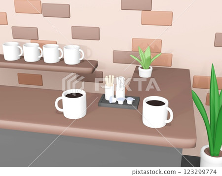 3D 渲染馬克杯和時尚的咖啡廳內飾 123299774