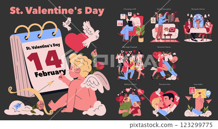 St. Valentine's Day illustration. Celebrating love and romance on February 14th through various activities. Couples express affection through gifts, proposals, romantic dinners, and special moments 123299775