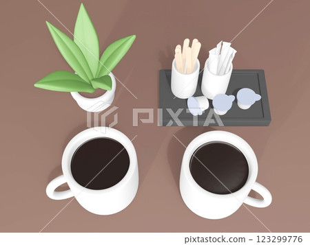 3D 渲染馬克杯和時尚的咖啡廳內飾 123299776