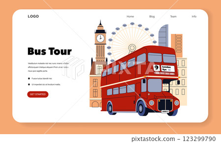 Eurotour concept. A visual representation of an iconic bus tour in London featuring a double-decker red bus, famous landmarks like the London Eye and Big Ben. Ideal for travel enthusiasts looking to 123299790