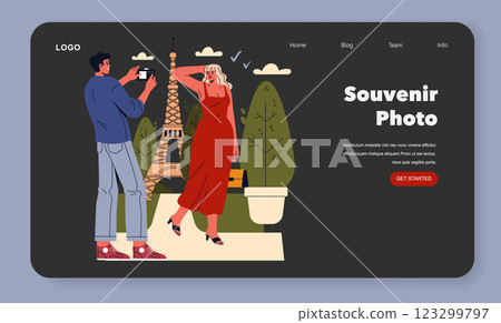 Eurotour concept. A couple enjoys capturing memorable moments in front of the Eiffel Tower. This illustration conveys the excitement of travel, the joy of sharing experiences, and the beauty of iconic 123299797