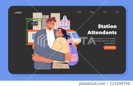 Train travel experience enhanced by staff engagement. Travelers embrace station attendants amid a transit landscape showcasing trains and urban scenery. Connections fostered through friendly 123299798