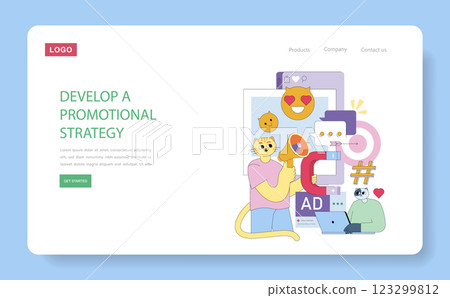 Marketing strategy development illustrated through engaging visuals. Features playful characters using digital tools for effective promotion. Focused on creativity, engagement, and modern techniques 123299812