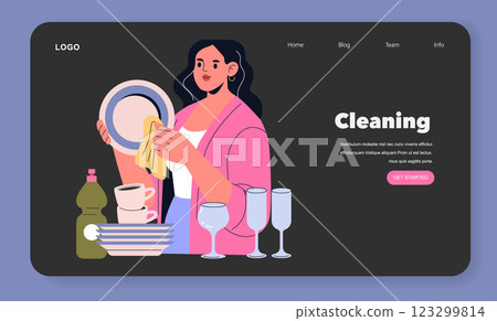 The illustration shows a person washing dishes in a warm home setting. It captures the essence of post-meal cleanup with plates, glasses, and cleaning supplies, emphasizing the relatable chore of 123299814