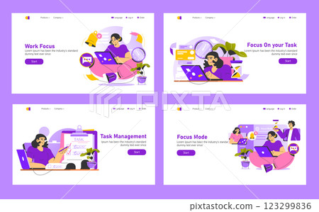Work focus concept illustrating individuals engaged in various tasks to enhance productivity. Visual elements communicate concentration, task management, and efficient work habits in a digital Work focus concept illustrating individuals engaged in various tasks to enhance productivity. Visual elements communicate concentration, task management, and efficient work habits in a digital 123299836