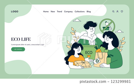 Eco Life concept. Illustrates a sustainable lifestyle with a focus on eco-friendly practices. People engaged in eco-friendly activities like shopping for organic products, recycling, and promoting 123299981