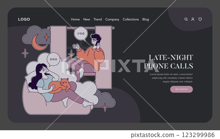 Late-night phone calls illustration. Captures the essence of intimate conversations shared between loved ones, creating a cozy atmosphere. Features two characters connecting over the phone while 123299986