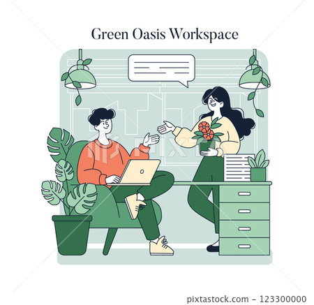 Green Oasis Workspace. This illustration features a relaxed office environment filled with plants, enhancing productivity and comfort. It portrays two individuals engaging in conversation while 123300000