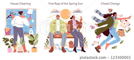 Spring Equinox Day illustration. Three scenes reflect seasonal changes: house cleaning, enjoying the sun with friends, and refreshing a wardrobe. Celebrates renewal and transitions of spring. 123300001