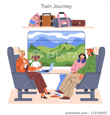 Train Journey concept. A family enjoying a scenic train trip in a comfortable environment. Highlights the joy of travel through shared moments, relaxation, and beautiful landscapes. Vector 123300007