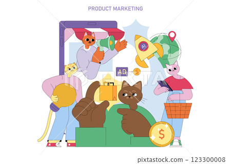 Creative product marketing illustration featuring animated cats actively engaging with technology. Diverse marketing strategies are showcased, highlighting dynamic interactions and advertising Creative product marketing illustration featuring animated cats actively engaging with technology. Diverse marketing strategies are showcased, highlighting dynamic interactions and advertising 123300008
