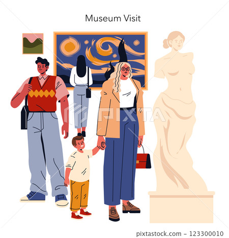 Museum Visit concept. A family enjoying their day at a museum, engaging with art and culture. The scene captures moments of exploration, education, and inspiration, showcasing diverse visitors Museum Visit concept. A family enjoying their day at a museum, engaging with art and culture. The scene captures moments of exploration, education, and inspiration, showcasing diverse visitors 123300010