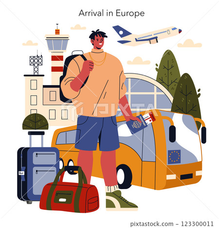 Arrival in Europe concept. A traveler arrives in Europe, depicted with luggage, a passport, and an airport background. The experience symbolizes adventure and exploration in new destinations. Vector 123300011