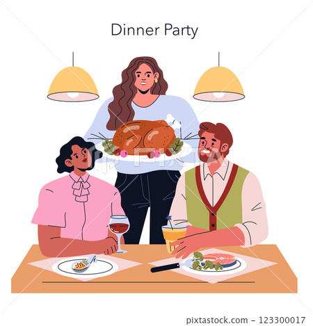 A lively dinner party scene featuring friends enjoying a meal. One person serves a delicious turkey while others savor their dishes and drinks, creating a moment of joy and camaraderie. 123300017