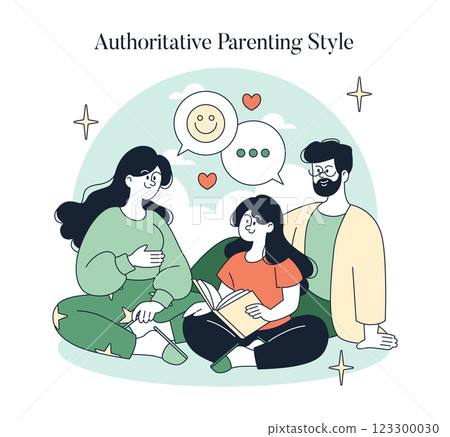 Authoritative Parenting Style emphasizes a balance of structure and support. This illustration captures a family engaged in meaningful interaction, fostering emotional connection and positive 123300030