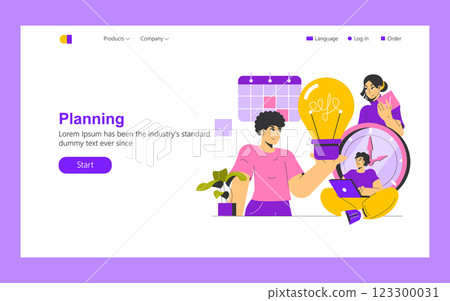 Planning concept. Effective idea realization through collaboration and organization. Individuals brainstorming with creative tools and calendars, illustrating teamwork and productivity. Vector Planning concept. Effective idea realization through collaboration and organization. Individuals brainstorming with creative tools and calendars, illustrating teamwork and productivity. Vector 123300031