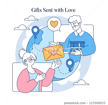 Long Distance Love concept. Celebrating connection through sending gifts across distances. Expressing affection with letters and packages, bridging emotional gaps that separations create. Vector Long Distance Love concept. Celebrating connection through sending gifts across distances. Expressing affection with letters and packages, bridging emotional gaps that separations create. Vector 123300035