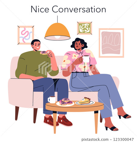 Dinner party scene featuring two friends enjoying a casual conversation over coffee and pastries. The cozy atmosphere is complemented by comfortable seating and decorative wall art. 123300047