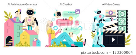 AI technology in diverse fields like architecture, communication, and video creation. Illustrations show robots engaged in design, chatting with users, and editing videos, showcasing innovative 123300064