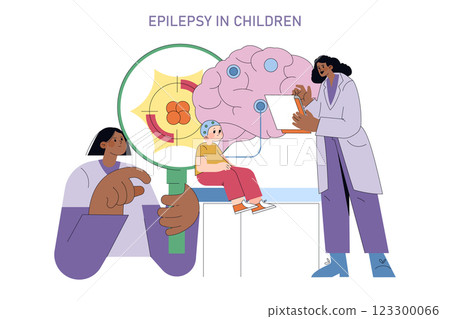 International Epilepsy Day focuses on raising awareness about epilepsy, especially in children. The illustration highlights a medical setting where a child undergoes observation, emphasizing the 123300066