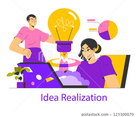 The illustration captures the concept of idea realization, showcasing individuals engaged in brainstorming and creation. It highlights collaboration and innovation through design elements like The illustration captures the concept of idea realization, showcasing individuals engaged in brainstorming and creation. It highlights collaboration and innovation through design elements like 123300070