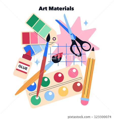 Art materials illustration showcasing essential tools for creative projects. Includes paint palettes, brushes, scissors, and glue to inspire artistic expression. Perfect for workshops and educational 123300074