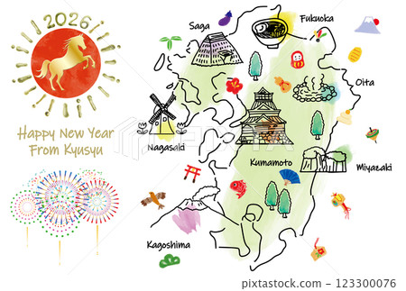 Kyushu tourist destination illustrated map New Year's card 2026 123300076